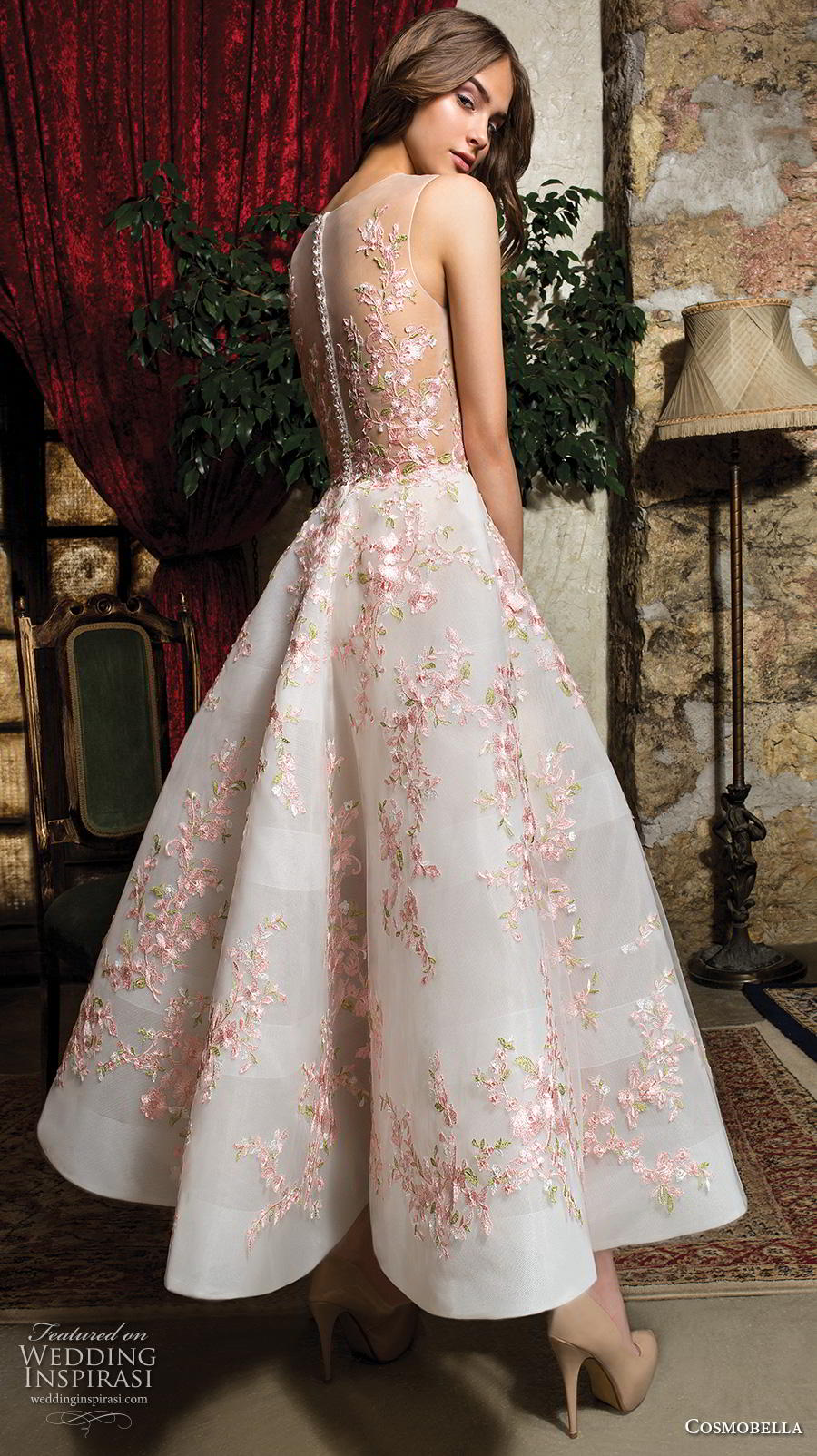 pink tea length wedding dress