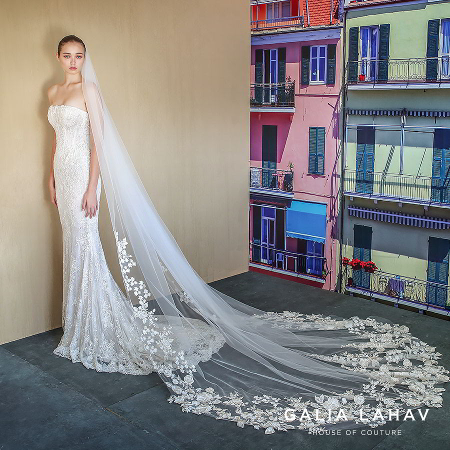 galia lahav fall 2019 bridal strapless straight across lace sheath mermaid wedding dress chapel train elegant romantic veil (alba) mv