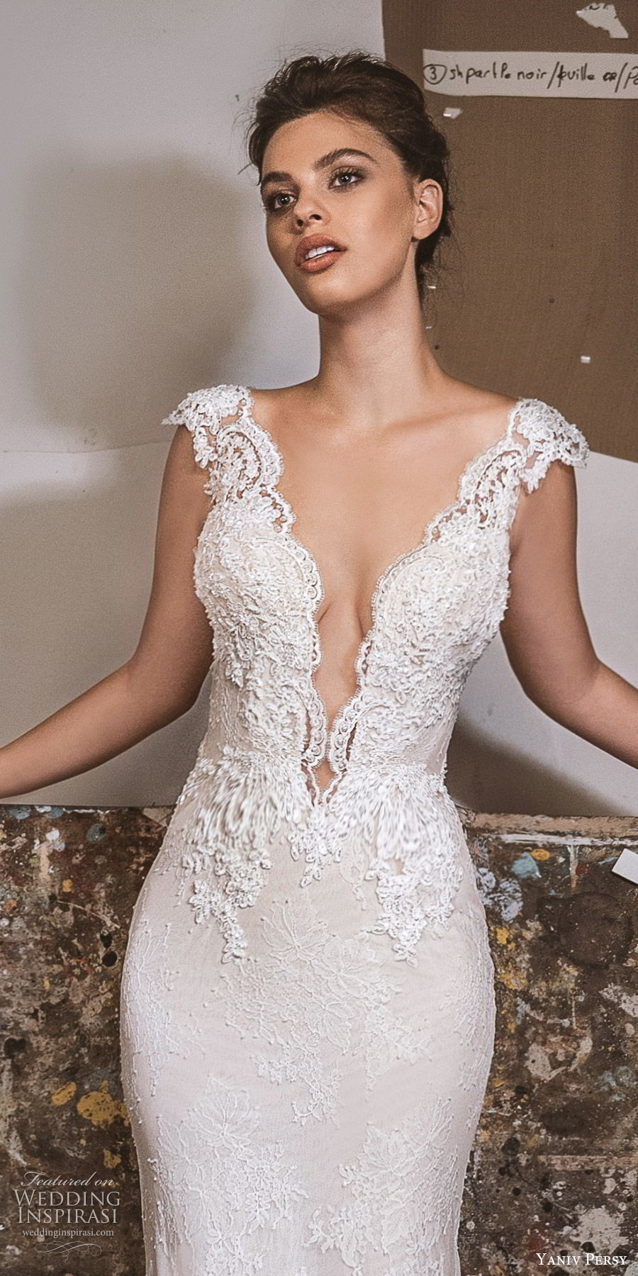 yaniv persy fall 2019 lavish bridal cap sleeves plunging v neckline embellished bodice lace sheath wedding dress chapel train elegant sexy glam (10) zv