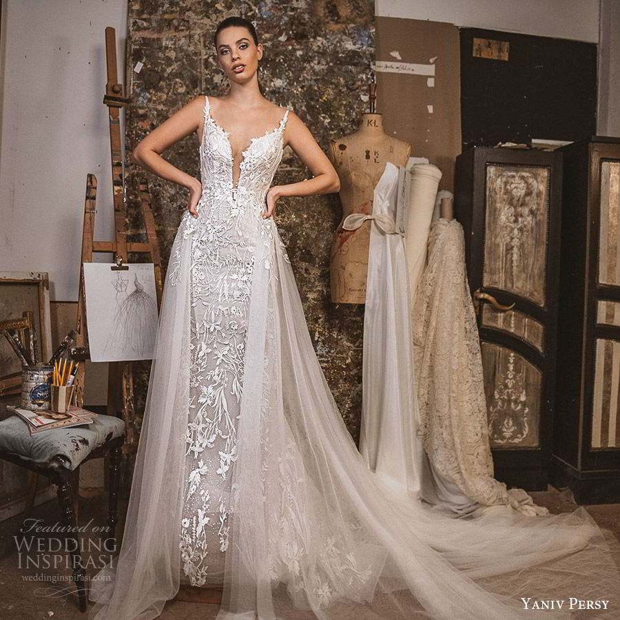 yaniv persy fall 2019 lavish bridal sleeveless embellished straps plunging split sweetheart neckline lace sheath wedding dress a line tulle overksirt romantic (11) mv