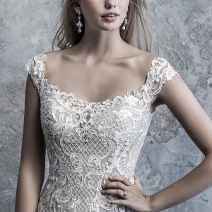 madison james 2019 bridal cap sleeves semi square scoop neckline full embellishment elegant fit and flare wedding dress semi back chapel train (517) zv