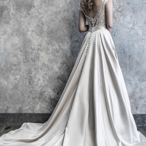 madison james 2019 bridal cap sleeves v neck heavily embellished bodice satin skirt romantic a  line wedding dress v back chapel train (506) bv