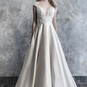 madison james 2019 bridal cap sleeves v neck heavily embellished bodice satin skirt romantic a  line wedding dress v back chapel train (506) mv