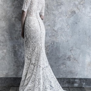 madison james 2019 bridal half sleeves off the shoulder straight across neckline full embellishment elegant fit and flare sheath wedding dress covered back chapel train (515) bv