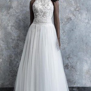 madison james 2019 bridal sleeveless halter neck heavily embellished bodice pleated skirt romantic soft a  line wedding dress keyhole back chapel train (500) mv