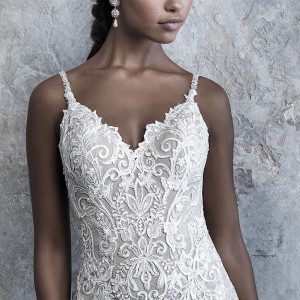 madison james 2019 bridal sleeveless thin strap diamond neck full embellishment elegant drop waist a  line wedding dress v back chapel train (520) zv