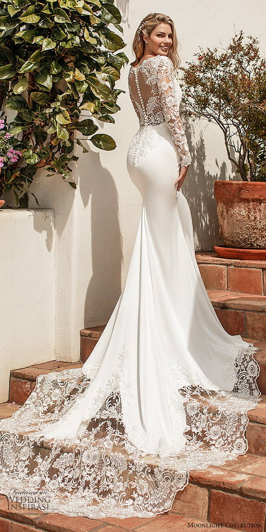 moonlight collection spring 2020 bridal illusion lace long sleeves bateau neckline clean bodice minimalist elegant sheath wedding dress illusion back chapel train (3) bv