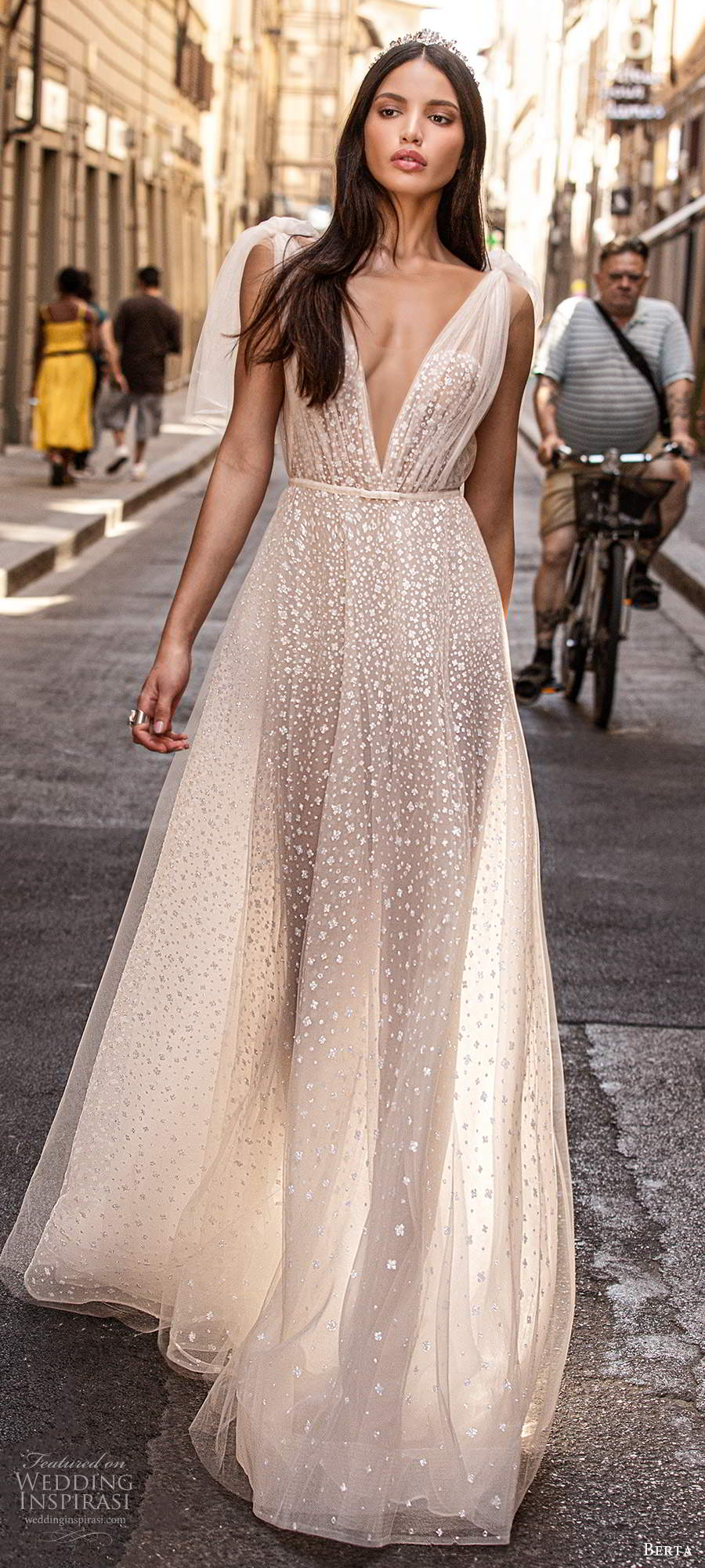 berta fall 2020 muse bridal sleeveless bow straps plunging v neckline ruched bodice fully embellished a line ball gown wedding dress chapel train (1) mv