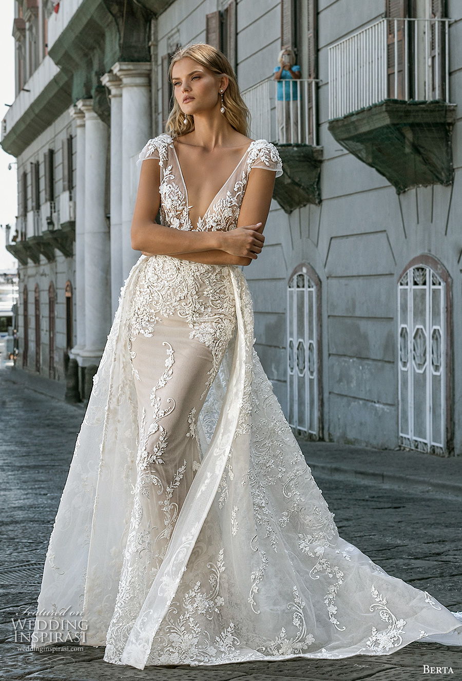 berta fall 2020 bridal cap sleeves deep v neck full embellishment sexy elegant fit and flare wedding dress a  line overskirt backless scoop back medium train (3) mv