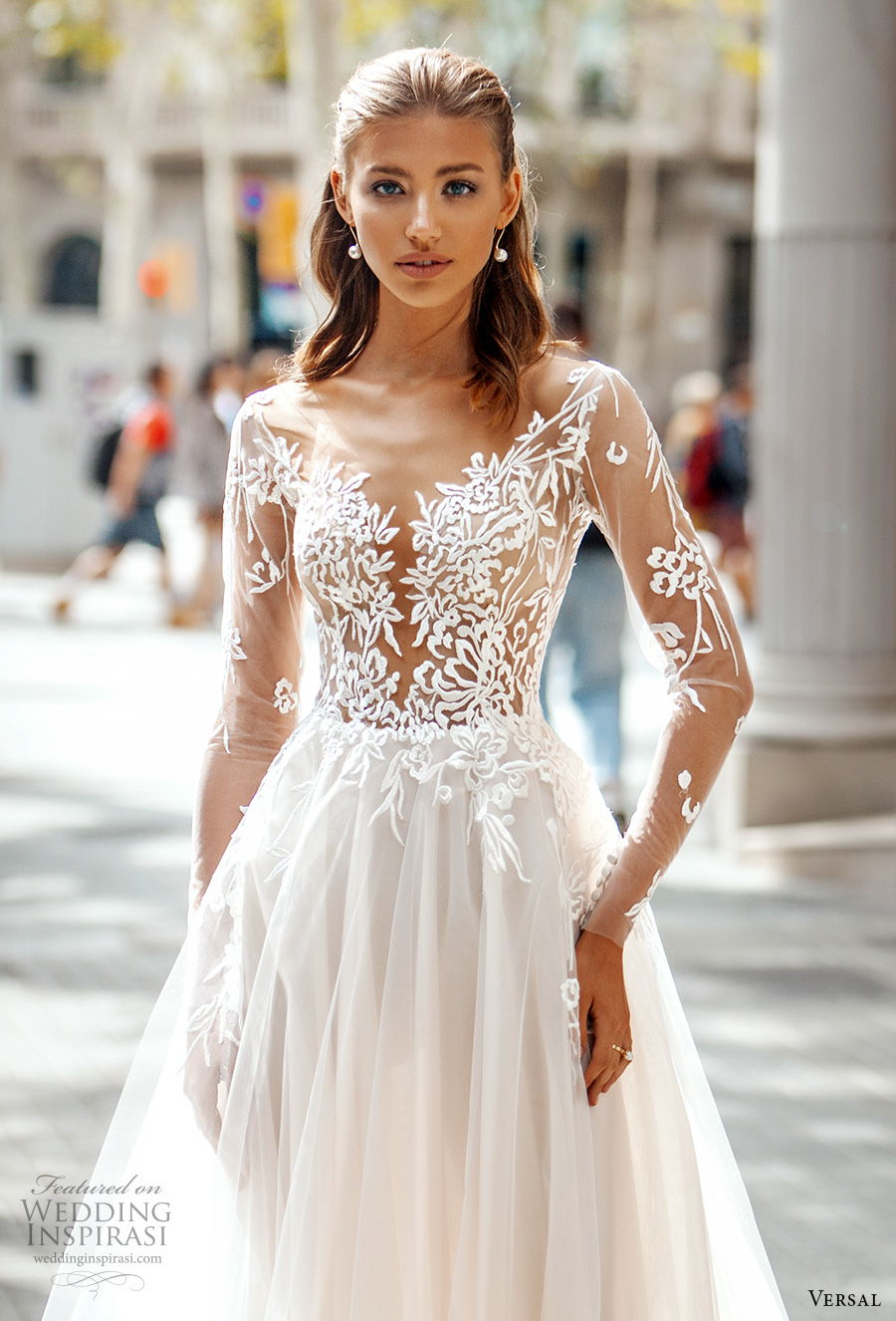 Romantic Sheer Wedding Dress with Plunging Neckline