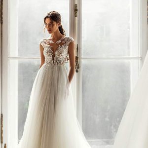 luce sposa 2021 shades of couture bridal cap sleeves plunging sweetheart neckline heavily embellished bodice clean skirt a line ball gown wedding dress chapel train (genesis) mv