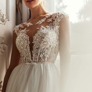 luce sposa 2021 shades of couture bridal cap sleeves plunging sweetheart neckline heavily embellished bodice clean skirt a line ball gown wedding dress chapel train (genesis) zv