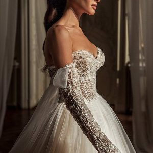 luce sposa 2021 shades of couture bridal long detached sleeves strapless sweetheart neckline heavily embellished bodice a line ball gown wedding dress chapel train (emery) zv