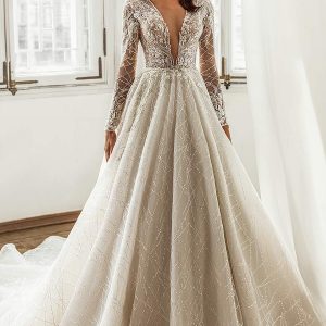 luce sposa 2021 shades of couture bridal long sleeve plunging v neckline fully embellished a line ball gown wedding dress cathedral train (kayley) mv