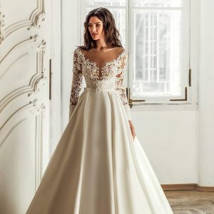 luce sposa 2021 shades of couture bridal long sleeves off shoulder v neckline embellished bodice clean skirt a line ball gown wedding dress chapel train (londyn) mv