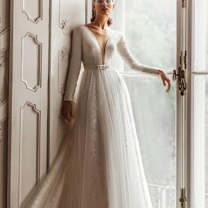 luce sposa 2021 shades of couture bridal long sleeves plunging v neckline embellished a line ball gown wedding dress chapel train (nicole) mv