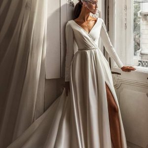 luce sposa 2021 shades of couture bridal long sleeves surplice v neckline clean minimalist a line ball gown wedding dress chapel train (mishelle) mv