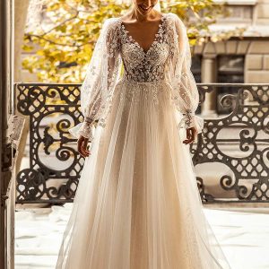 luce sposa 2021 shades of couture bridal sheer bishop sleeves v neckline fully embellished a line ball gown wedding dress boho chic chapel train (eden) mv