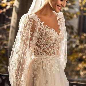 luce sposa 2021 shades of couture bridal sheer bishop sleeves v neckline fully embellished a line ball gown wedding dress boho chic chapel train (eden) zv