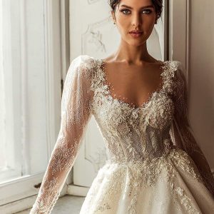 luce sposa 2021 shades of couture bridal sheer long puff sleeves queen anne neckline fully embellished a line ball gownw wedding dress chapel train (anna) zv