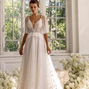 luce sposa 2022 symphony flowers bridal detachable flutter sleeves sleeveless straps plunging v neckline embellished bodice peplum a line ball gown wedding dress chapel train (freesia) mv