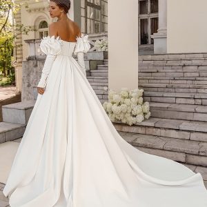 luce sposa 2022 symphony flowers bridal detached long puff sleeves strapless straight across neckline clean minimalist a line ball gown wedding dress chapel train pockets (lily) bv