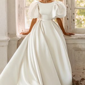 luce sposa 2022 symphony flowers bridal elbow length puff sleeve bateau neckline clean minimalist a line ball gown wedding dress chapel train (paris) mv