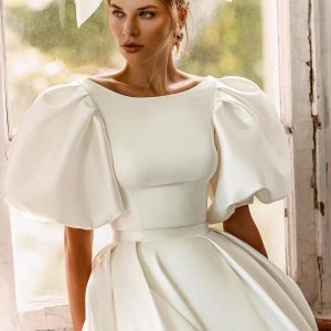 luce sposa 2022 symphony flowers bridal elbow length puff sleeve bateau neckline clean minimalist a line ball gown wedding dress chapel train (paris) zv