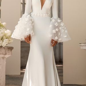 luce sposa 2022 symphony flowers bridal embellished long bell sleeve plunging v neckline clean minimalist a line sheath wedding dress chapel train (elsa) mv