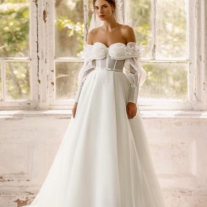 luce sposa 2022 symphony flowers bridal long bishop balloon sleeve off shoulder sweetheart neckline clean minimalist a line ball gown wedding dress chapel train (angela) mv