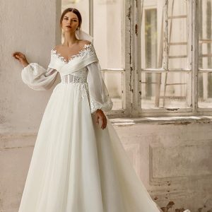 luce sposa 2022 symphony flowers bridal long bishop sleeve off shoulder surplice neckline embelished bodice a line ball gown wedding dress chapel train (melrose) mv