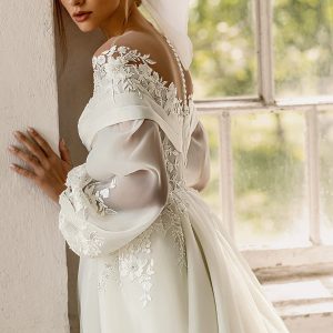 luce sposa 2022 symphony flowers bridal long bishop sleeve off shoulder surplice neckline embelished bodice a line ball gown wedding dress chapel train (melrose) zsv