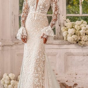 luce sposa 2022 symphony flowers bridal long flare sleeve plunging v neckline fully embellished lace sheath wedding dress chapel train (gia) mv