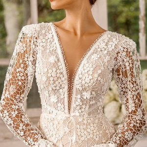 luce sposa 2022 symphony flowers bridal long flare sleeve plunging v neckline fully embellished lace sheath wedding dress chapel train (gia) zv