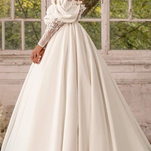 luce sposa 2022 symphony flowers bridal long puff sleeve off shoulder sweetheart neckline clean modern a line ball gown wedding dress chapel train (azalea) sv