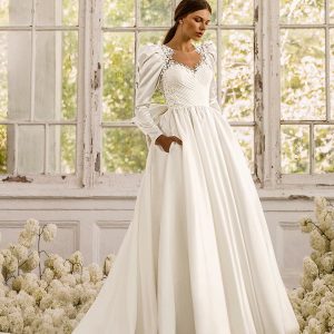 Luxe A1067 Long Sleeve Lace & Floral Wedding Dress with Flowing Train
