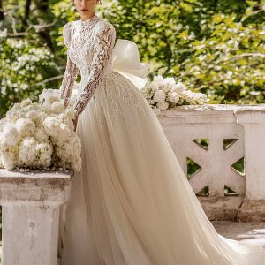 luce sposa 2022 symphony flowers bridal long sleeve high neckline fully embellished a line ball gown wedding drses chapel train (peony) mv