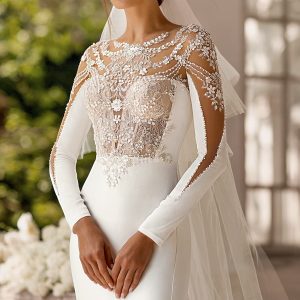 luce sposa 2022 symphony flowers bridal long sleeve illusion jewel neck sweetheart neckline heavily embellished bodice clean skirt sheath wedding dress chapel train (devotion) zv