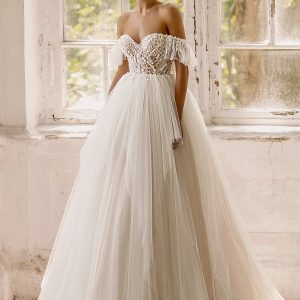 luce sposa 2022 symphony flowers bridal off shoulder flutter sleeve sweetheart neckline embellished bodice clean skirt a line ball gown wedding dress chapel train (sabrina) mv