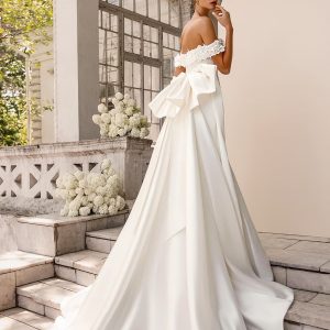 luce sposa 2022 symphony flowers bridal off shoulder straps embellished straight across neckline clean minimalist fit flare mermaid wedding dress chapel train (allure) bv