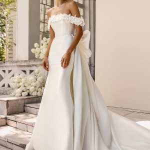 luce sposa 2022 symphony flowers bridal off shoulder straps embellished straight across neckline clean minimalist fit flare mermaid wedding dress chapel train (allure) mv