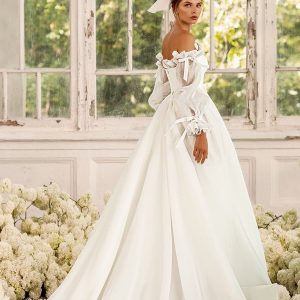 luce sposa 2022 symphony flowers bridal sheer bishop sleeve crumbcatcher split v neckline clean modern a line ball gown wedding dress chapel train (reese) bv