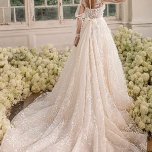 luce sposa 2022 symphony flowers bridal sheer long bishop sleeve illusion high sweetheart neckline embellished a line ball gown wedding dress chapel train (powder) bv