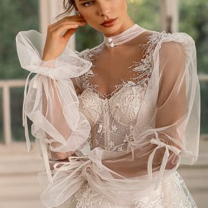 luce sposa 2022 symphony flowers bridal sheer long bishop sleeve illusion high sweetheart neckline embellished a line ball gown wedding dress chapel train (powder) zv