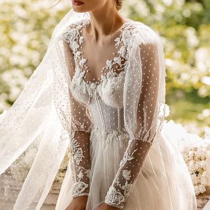 luce sposa 2022 symphony flowers bridal sheer long  puff sleeve bolero sweetheart neckline embellished bodice a line ball gown wedding dress chapel train chapel train (jasmine) zv