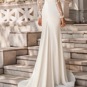 luce sposa 2022 symphony flowers bridal sheer long puff sleeve illusion high neck plunging v neckline clean modern sheath wedding dress chapel train (gracie) bv