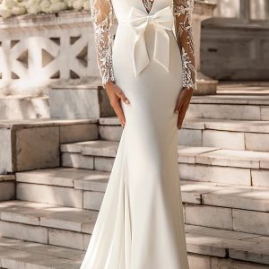 luce sposa 2022 symphony flowers bridal sheer long puff sleeve illusion high neck plunging v neckline clean modern sheath wedding dress chapel train (gracie) mv