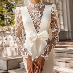 luce sposa 2022 symphony flowers bridal sheer long puff sleeve illusion high neck plunging v neckline clean modern sheath wedding dress chapel train (gracie) zv