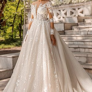 luce sposa 2022 symphony flowers bridal sheer long sleeve illusion jewel plunging sweetheart neckline fully embellished lace a line ball gown wedding dress chapel train (chantilly 1) mv