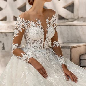 luce sposa 2022 symphony flowers bridal sheer long sleeve illusion jewel plunging sweetheart neckline fully embellished lace a line ball gown wedding dress chapel train (chantilly 1) zv